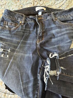 Lane Bryant Men's Slim Straight Jeans in Dark Blue Denim with Distressed Detail